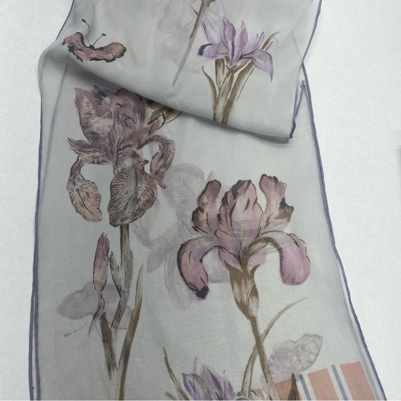 SILK SCARF FORAL BUTTERFLIES GRAY PINK BROWN PURPLE ELEGANT MONEY LUXURIOUS - Picture 8 of 11